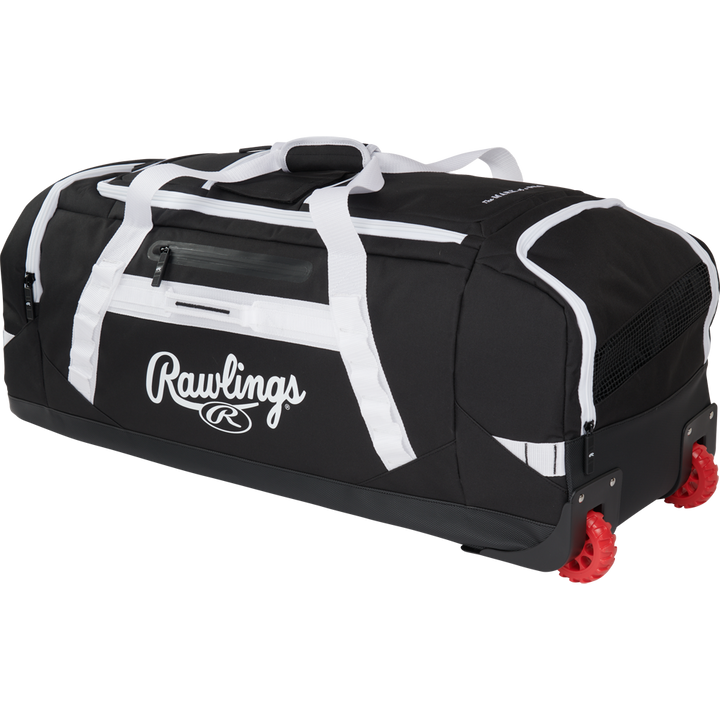 The Rawlings Yadi 2 Wheeled Catcher's Bag (YADI2WHBG) is a large black and white equipment bag with a top handle, side pockets, and red gear-style wheels, perfect for easily transporting athletic gear.