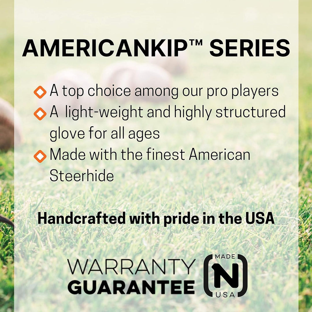 Promotional graphic for the AMERICANKIP™ SERIES baseball gloves, highlighting features like pro player preference, lightweight design, suitability for all ages, American steerhide leather, and USA handcrafted quality.