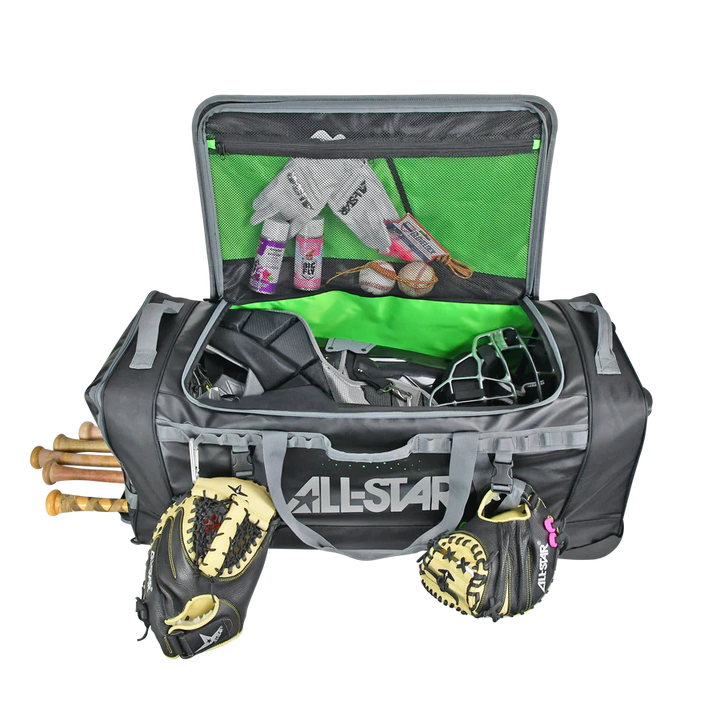 The All Star S7 Elite Catcher's Roller Bag (BB-S7E-RB) is a spacious All Star bag designed to carry all your catcher's gear or use as a roomy baseball roller, ideal for gloves, equipment, and more.