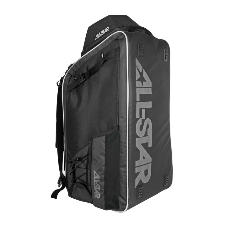 The All Star MVP PRO Series Catcher's Backpack (BBCBP) features a black design with white trim, bold ALL-STAR lettering, large side pocket, zippered pocket, upright structure, adjustable straps, and ample space for catcher’s gear.