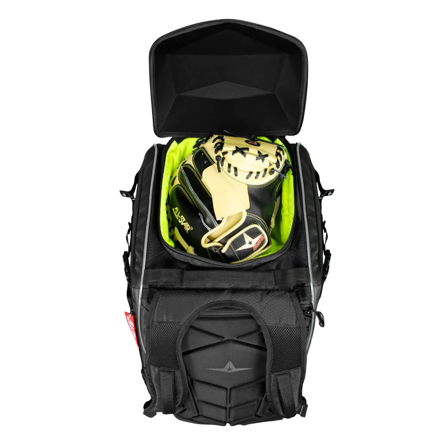 A black sports backpack with a top flap open, revealing a pair of black and yellow baseball gloves and a baseball glove inside a bright green interior compartment.
