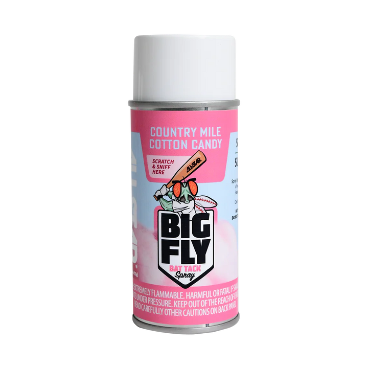 The All Star Big Fly Bat Tack Spray: BFSP1 in Country Mile Cotton Candy scent boosts bat grip with a fun pink and white aerosol can, cartoon fly design, and an All-Star Scratch & Sniff sticker.