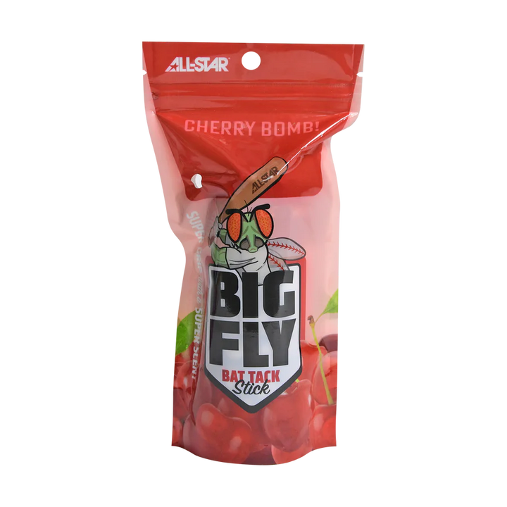 A red resealable pouch labeled All Star Big Fly Bat Tack Stick: BFST1 features bold cherry graphics and a cartoon fly swinging a bat, highlighting superior bat grip and the cherry-flavored CHERRY BOMB!.