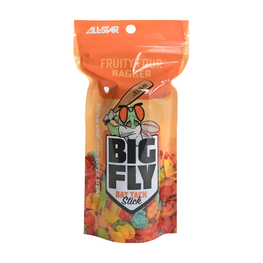 A colorful pack of All Star Big Fly Bat Tack Stick: BFST1 in Fruity Four Bagger flavor features a cartoon batter above the name, fruity cereal images, the All Star brand, and a "bat grip" label at the bottom.