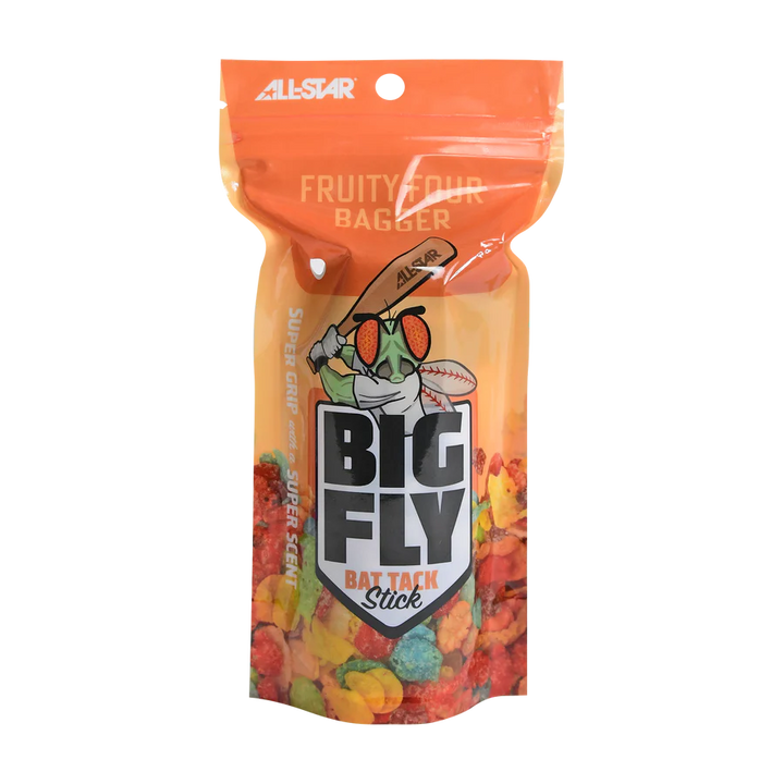 A colorful pack of All Star Big Fly Bat Tack Stick: BFST1 in Fruity Four Bagger flavor features a cartoon batter above the name, fruity cereal images, the All Star brand, and a "bat grip" label at the bottom.