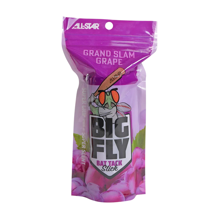 A purple resealable pouch labeled All Star Big Fly Bat Tack Stick (BFST1) in grape scent features a cartoon cat with a bat and ball, Grand Slam Grape text on top, and promotes its unbeatable All-Star bat grip.