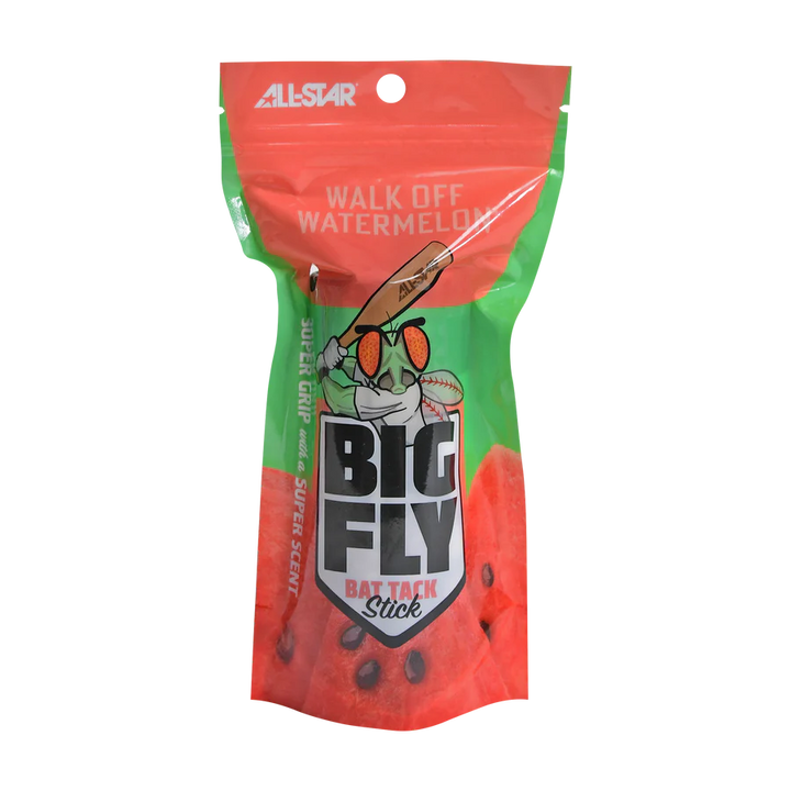 The All Star Big Fly Bat Tack Stick: BFST1 is a green and red pouch with a baseball bat, fly, and watermelon graphics. Labeled “BIG FLY BAT TACK STICK,” it features “ALL-STAR” and “WALK OFF WATERMELON” to boost your bat grip.