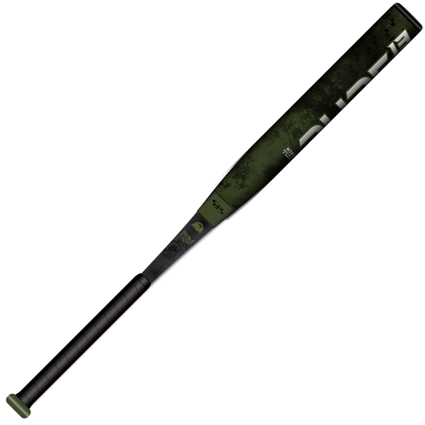 The Boombah 2026 BoombahPure Pure13 Green Boom 13" Endloaded NSA USSSA Slowpitch Softball Bat (M3B0-6145 DG) features a dark green and black camo-like barrel with X25 Barrel Technology, a tapered handle, black grip, and green knob.
