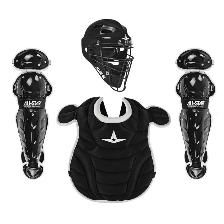 The All Star Future Star Series Fastpitch Catcher's Kit (CKW-FS) by All Star features black and white youth hockey style headgear, a chest protector, and two leg guards, all displayed on a white background.