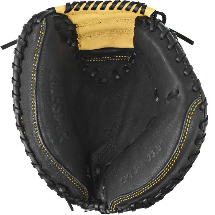 The All Star Future Star 33.5" Catcher's Mitt: CM-FS-A is shown open in black and yellow, crafted from durable leather with detailed stitching, Pro Guard Padding, and an embossed All Star brand name on the palm.