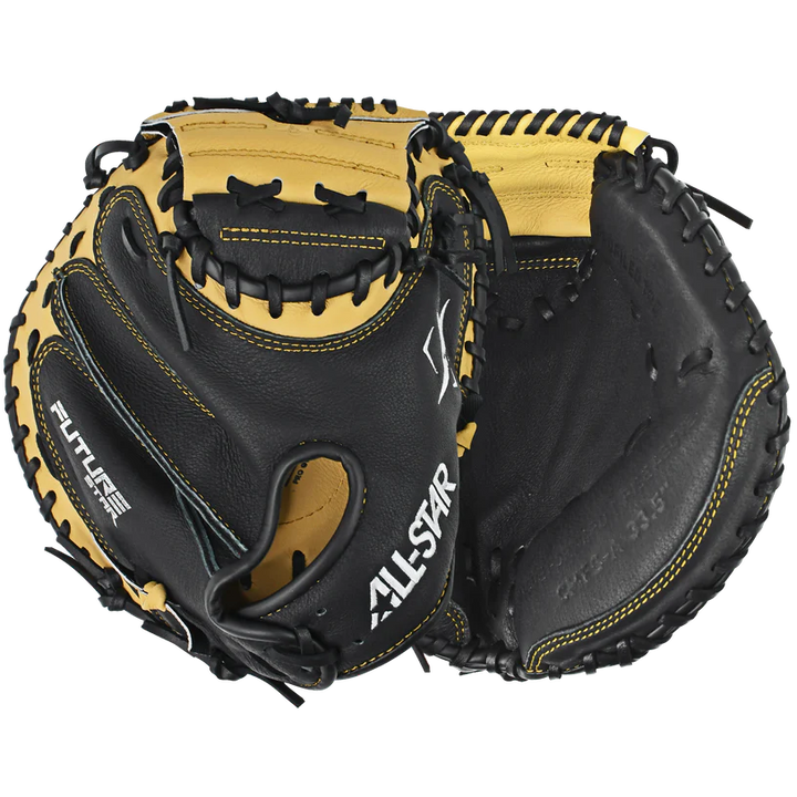 The All Star Future Star 33.5" Baseball Catcher's Mitt (CM-FS-A) features black and tan durable leather, Pro Guard Padding, visible stitching, and branding. Shown from front and palm side on a white background.