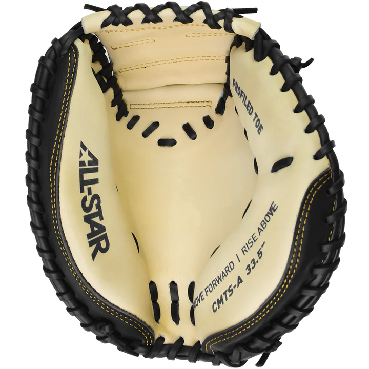 A close-up of the All Star Top Star 33.5" Baseball Catcher's Mitt (CM-TS-A) showcases black laces, cream-colored steer hide leather, and detailed branding printed inside by All Star.