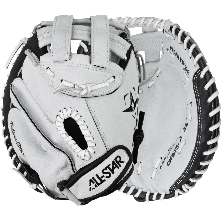 The All Star Future Star 34" Fastpitch Catcher's Mitt (CMW-FS-A) features an adjustable wrist closure for comfort and performance, shown against a white background.