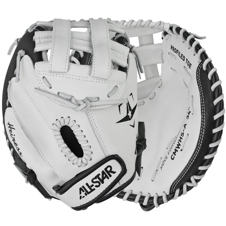 The All Star Heiress 32.5" Fastpitch Catcher's Mitt: CMW-H-Y is a premium steerhide leather glove, ideal for travel ball catchers, showcased against a clean white background.