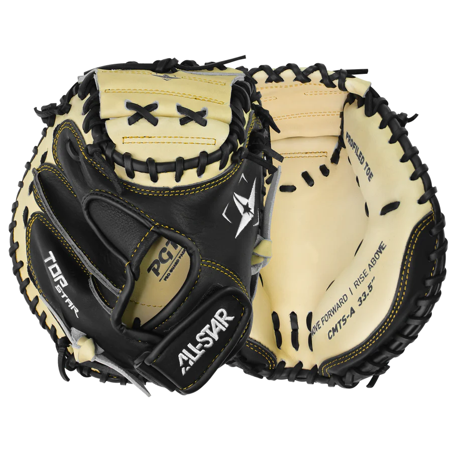 The All Star Top Star 33.5" Baseball Catcher's Mitt (CM-TS-A) features black and tan premium steer hide leather, black laces, visible stitching, and showcases the All Star brand from interior and exterior views.