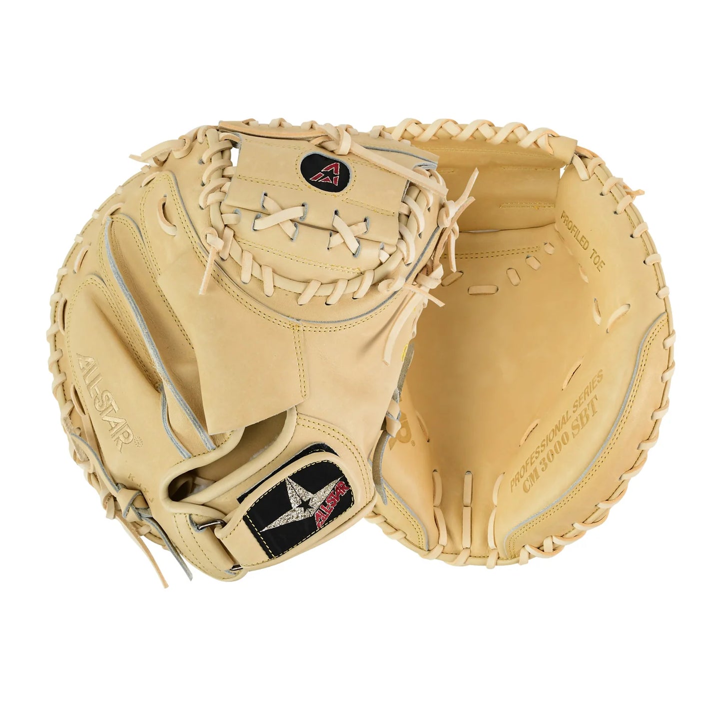 Two All Star Pro-Elite Limited 34" catcher's mitts (CM3000-34) made from Japanese steerhide are shown—one shows the palm, the other the back. Both feature laces, web pocket, and visible All Star logos for a pro glove look.
