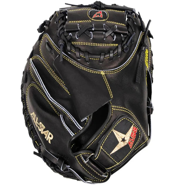 The All Star Pro-Elite 33.5" Baseball Catcher's Mitt (CM3000SBK-1-BK) features premium Japanese steerhide leather in black with yellow stitching, the All Star logo on thumb and wrist, and an adjustable closure, shown on a white background.
