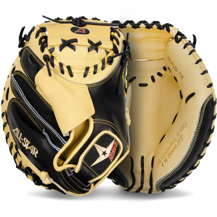 The All Star Pro-Elite 35" Baseball Catcher's Mitt (CM3000BT-1-BK-TAN), crafted from premium Japanese steerhide leather, rests on a white background.