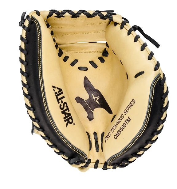 The All Star ANVIL 33.5" Weighted Training Mitt (CM3500TM) features a tan and black design with thick black lacing, ALL-STAR branding, and star logoβideal for serious baseball training needs.