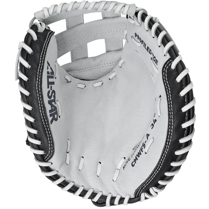 The All Star Future Star 34" Fastpitch Catcher's Mitt (model CMW-FS-A) is a white and black mitt with visible stitching, the All Star logo on the side, and an adjustable wrist closure.