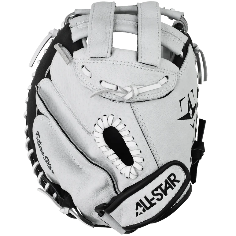 The All Star Future Star 32.5" Fastpitch Catcher's Mitt: CMW-FS-Y, by All Star, made from durable leather, features an adjustable wrist strap for a secure fit and is shown resting on a white background.