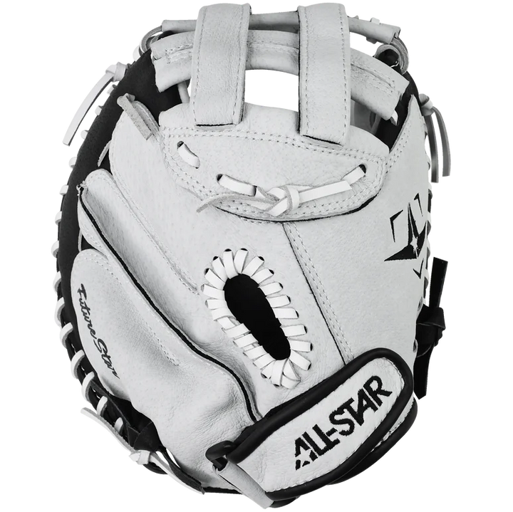 The All Star Future Star 32.5" Fastpitch Catcher's Mitt: CMW-FS-Y, by All Star, made from durable leather, features an adjustable wrist strap for a secure fit and is shown resting on a white background.