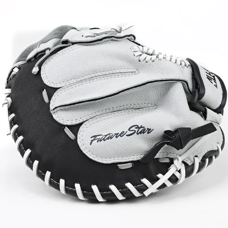The All Star Future Star 32.5" Fastpitch Catcher's Mitt (CMW-FS-Y) is a black and white leather glove with "Future Star" lettering, white stitching, an adjustable wrist strap, and a partially open pocket.