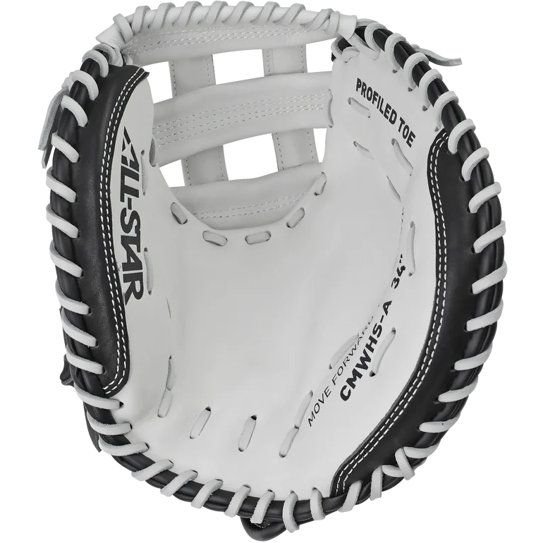 A close-up of the All Star Heiress 34" Fastpitch Catcher's Mitt (CMW-H-A), crafted from durable steerhide with white and black trim. Detailed stitching highlights the pocketโideal for any travel ball catcher.