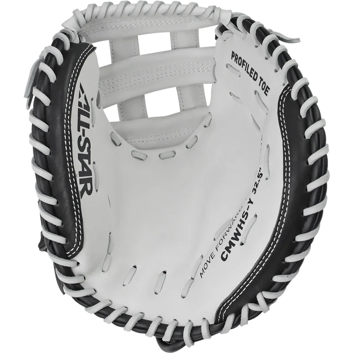 A close-up of the All Star Heiress 32.5" Fastpitch Catcher's Mitt (CMW-H-Y) in black and white, featuring visible stitching and branded All Star text on the inside palm.