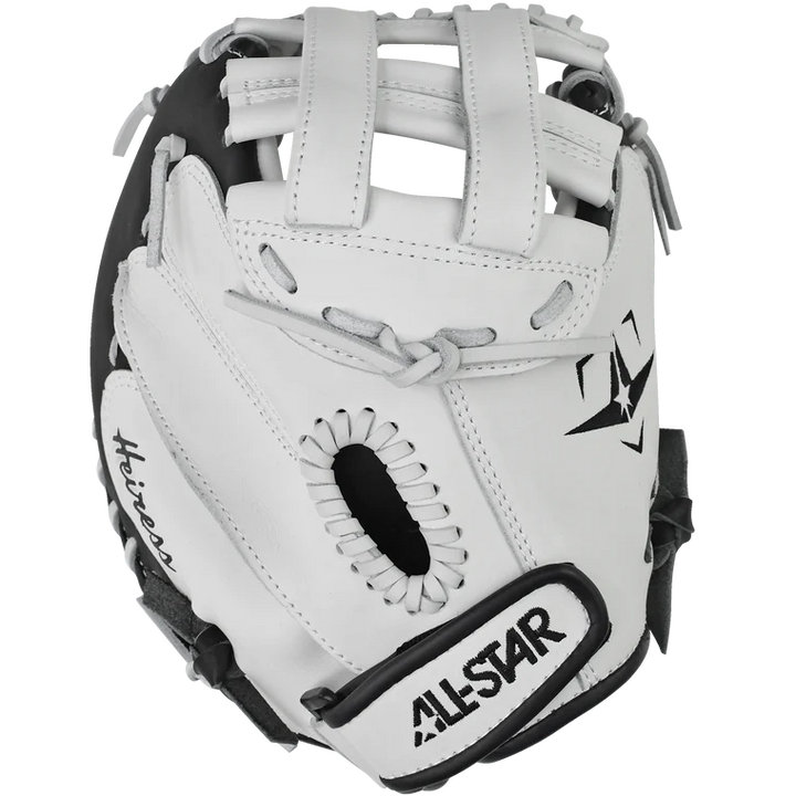 The All Star Heiress 32.5" Fastpitch Catcher's Mitt (CMW-H-Y) features white steerhide leather with black and white stitching—ideal for travel ball catchers seeking a top-quality mitt.