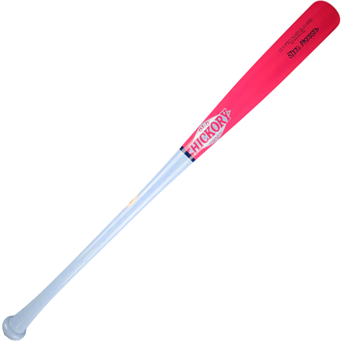 The Old Hickory J143M Steel Pressed Cotton Candy Maple Wood Bat (J143M-CC) features a light blue handle, bright red barrel, and Old Hickory brandingโideal for players seeking a stylish and reliable steel pressed wood bat.