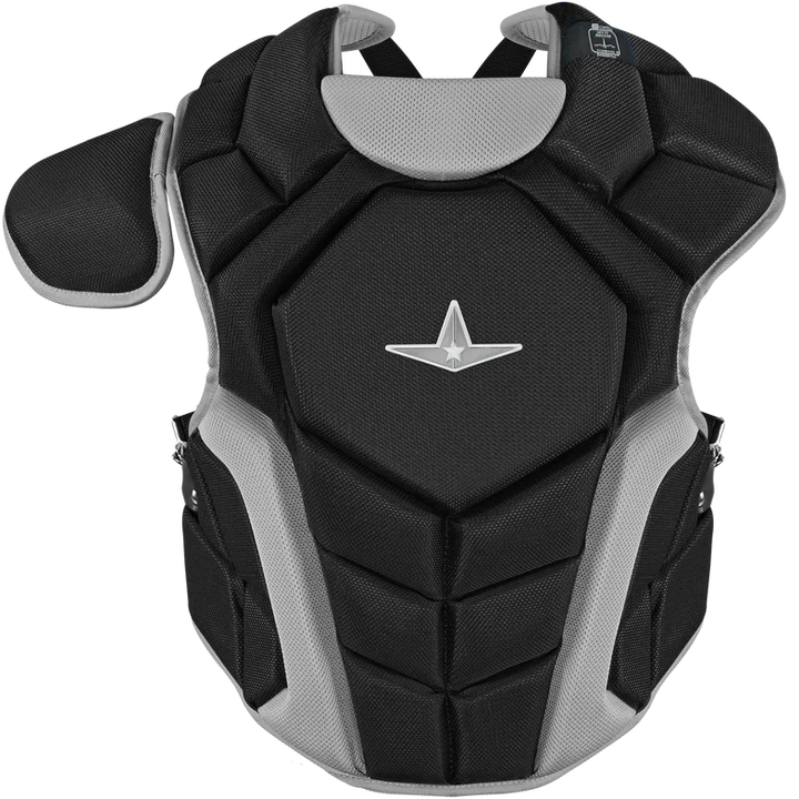 The All Star Top Star Catcher's Chest Protector: CPCC-TS by All Star is a black and grey chest protector for travel ball catchers that meets NOCSAE standard safety requirements.