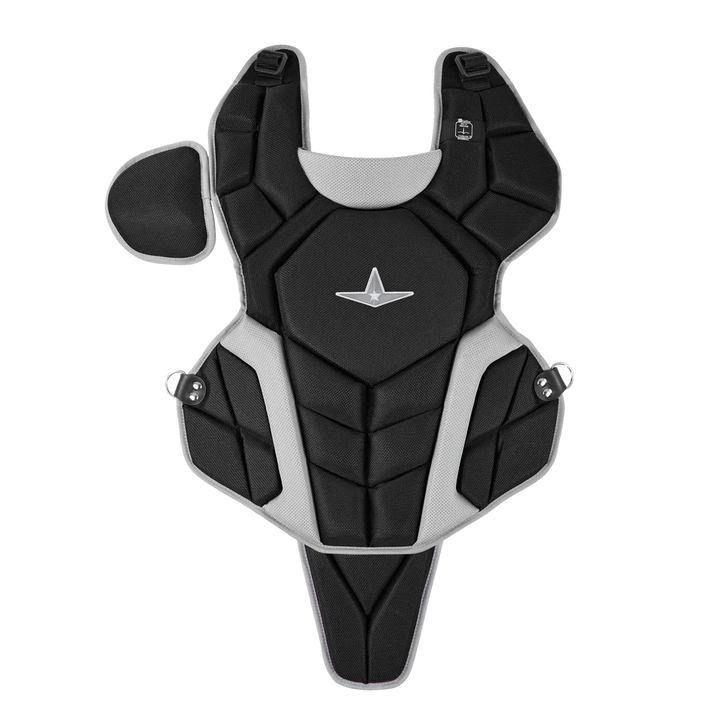 The All Star Top Star Catcher's Chest Protector (CPCC-TS) by All Star features black and gray padding, an angular design, shoulder and side straps, and a center shield emblem. Perfect for travel ball catchers; shown laid flat on a white background.