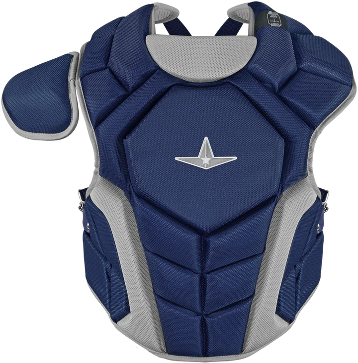 The All Star Top Star Catcher's Chest Protector: CPCC-TS by All Star is a navy blue and gray chest protector with a left shoulder guard, white star logo, and meets NOCSAE safety standards—ideal for travel ball catchers.