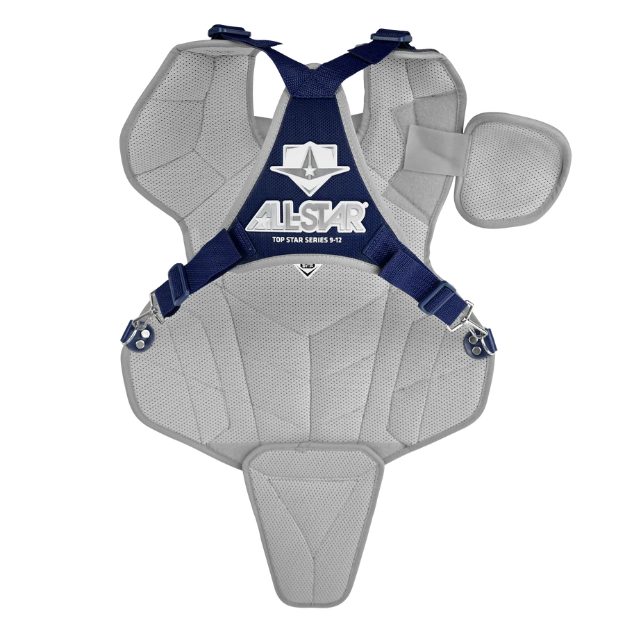 The All Star Top Star Catcher's Chest Protector: CPCC-TS meets NOCSAE standards and offers padded sections, adjustable straps, plus full shoulder and abdomen protection—ideal for travel ball catchers.