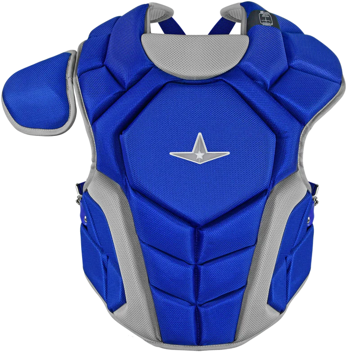 The All Star Top Star Catcher's Chest Protector: CPCC-TS is a blue and gray padded chest protector with shoulder guard and center star logo, designed for sports safety and ideal for any travel ball catcher.