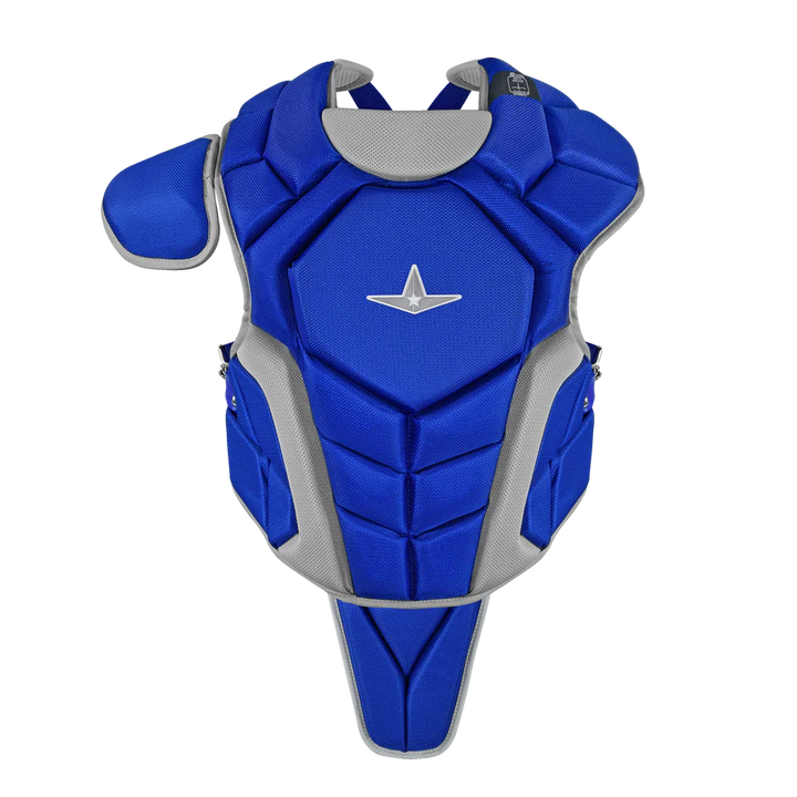 The All Star Top Star Catcher's Chest Protector (CPCC-TS) by All Star, shown in blue and gray with shoulder padding, meets NOCSAE standards—ideal for travel ball catchers and displayed against a white background.