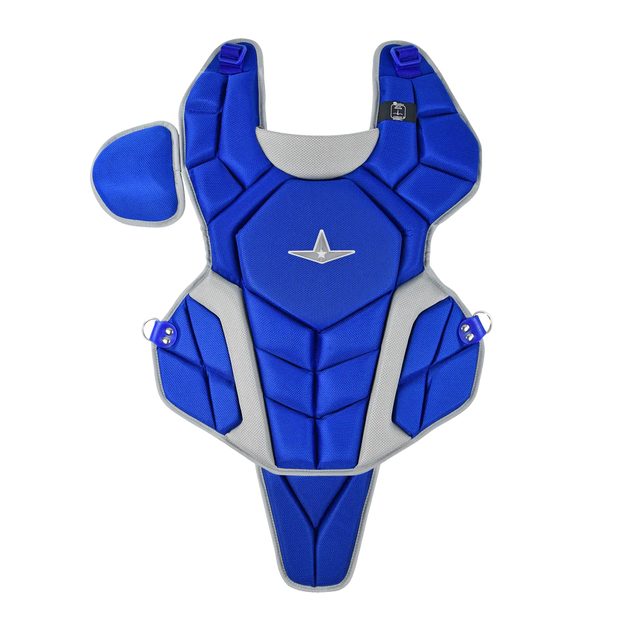 The All Star Top Star Catcher's Chest Protector: CPCC-TS by All Star features blue and grey colors and is designed for travel ball catchers, providing reliable comfort and protection.