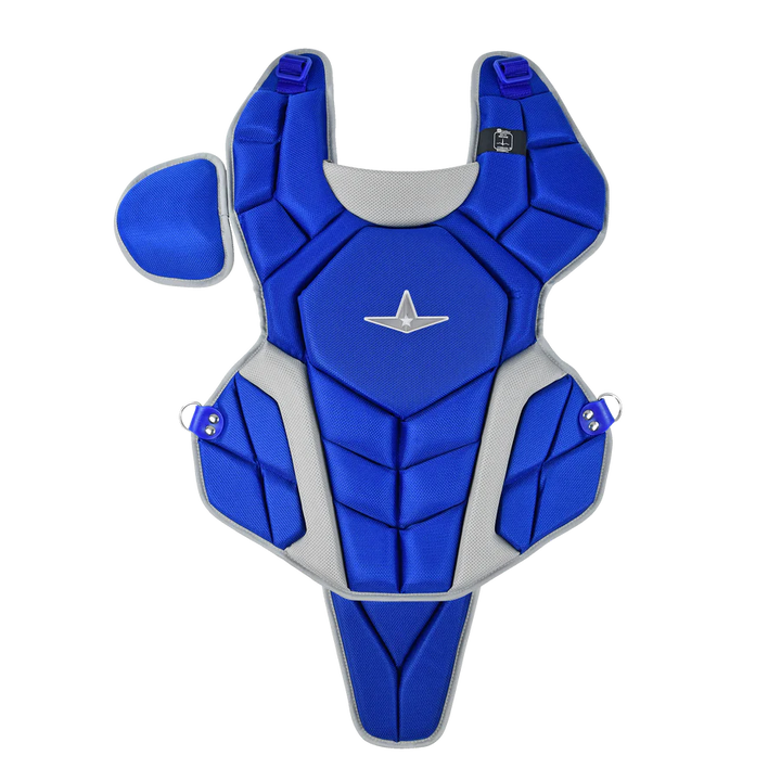 The All Star Top Star Catcher's Chest Protector: CPCC-TS by All Star features blue and grey colors and is designed for travel ball catchers, providing reliable comfort and protection.
