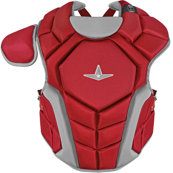 The All Star Top Star Catcher's Chest Protector: CPCC-TS features red and gray padded segments, a left-side shoulder guard, and a center silver star logo. This All Star gear meets NOCSAE safety standards—ideal for travel ball catchers.