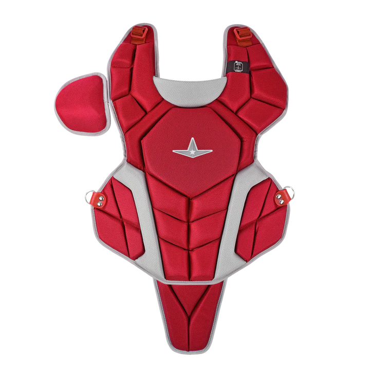The All Star Top Star Catcher's Chest Protector: CPCC-TS by All Star features a red and grey design, providing travel ball catchers with standout style and dependable protection.