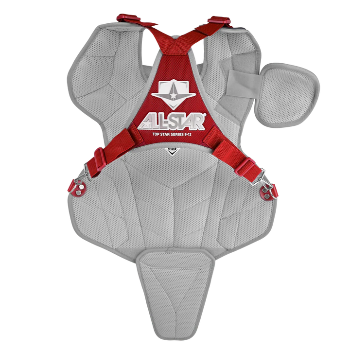 The All Star Top Star Catcher's Chest Protector (CPCC-TS) features gray and red padding, adjustable red straps, NOCSAE certification, and displays the All Star logo in white and red on the front center.