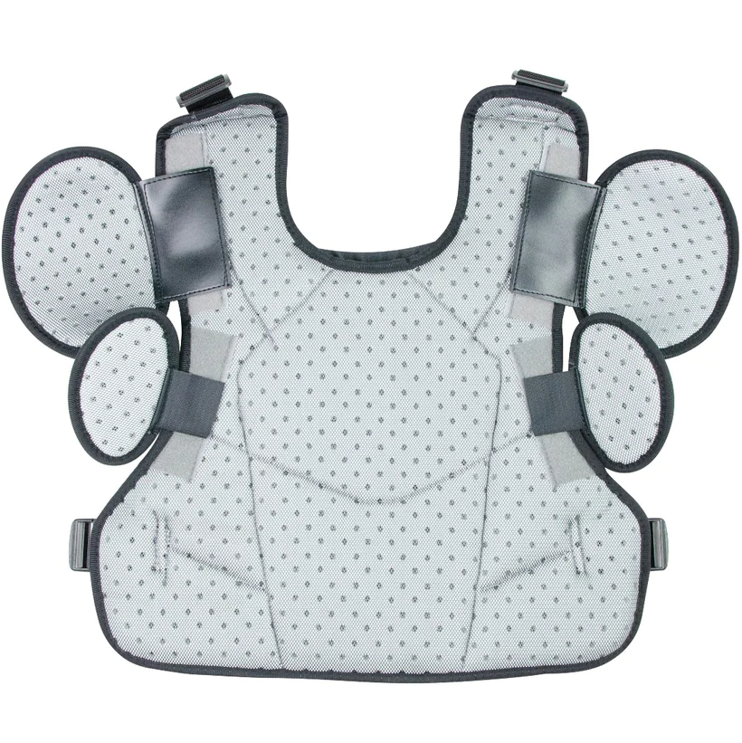 The All Star Internal Shell Umpire Chest Protector: CPU26 features light gray, padded protection with HDPE plates, cushioned side pads, adjustable straps, a dotted pattern, and a DeltaFlex harness for comfort.