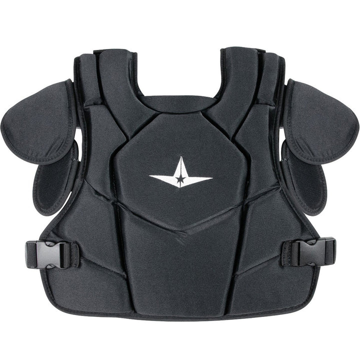 The All Star CPU26 Internal Shell Umpire Chest Protector features shoulder padding, a white star logo, HDPE plates, adjustable side straps, and a segmented DeltaFlex harness for flexibility and comfort.