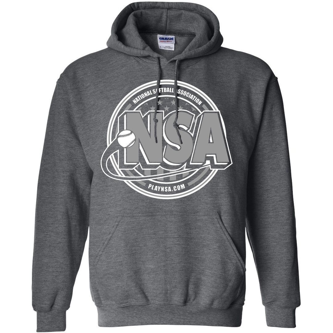 The DSG Apparel National Softball Association NSA Crest HeavyBlend Hoodie features a bold white and gray NSA logo with a softball and PLAYNSA.COM below—ideal for any softball fan.