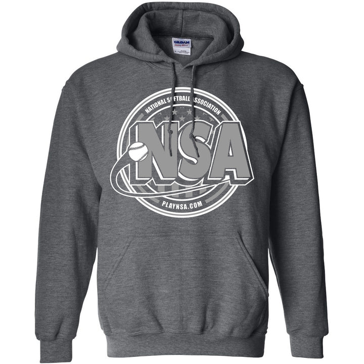 The DSG Apparel National Softball Association NSA Crest HeavyBlend Hoodie features a bold white and gray NSA logo with a softball and PLAYNSA.COM below—ideal for any softball fan.