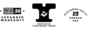 Three black icons with text: BBCOR Certified .50 Expanded Warranty, Fortified Compound Knob, and Designed + Built Oregon USA, each with unique graphic elements.