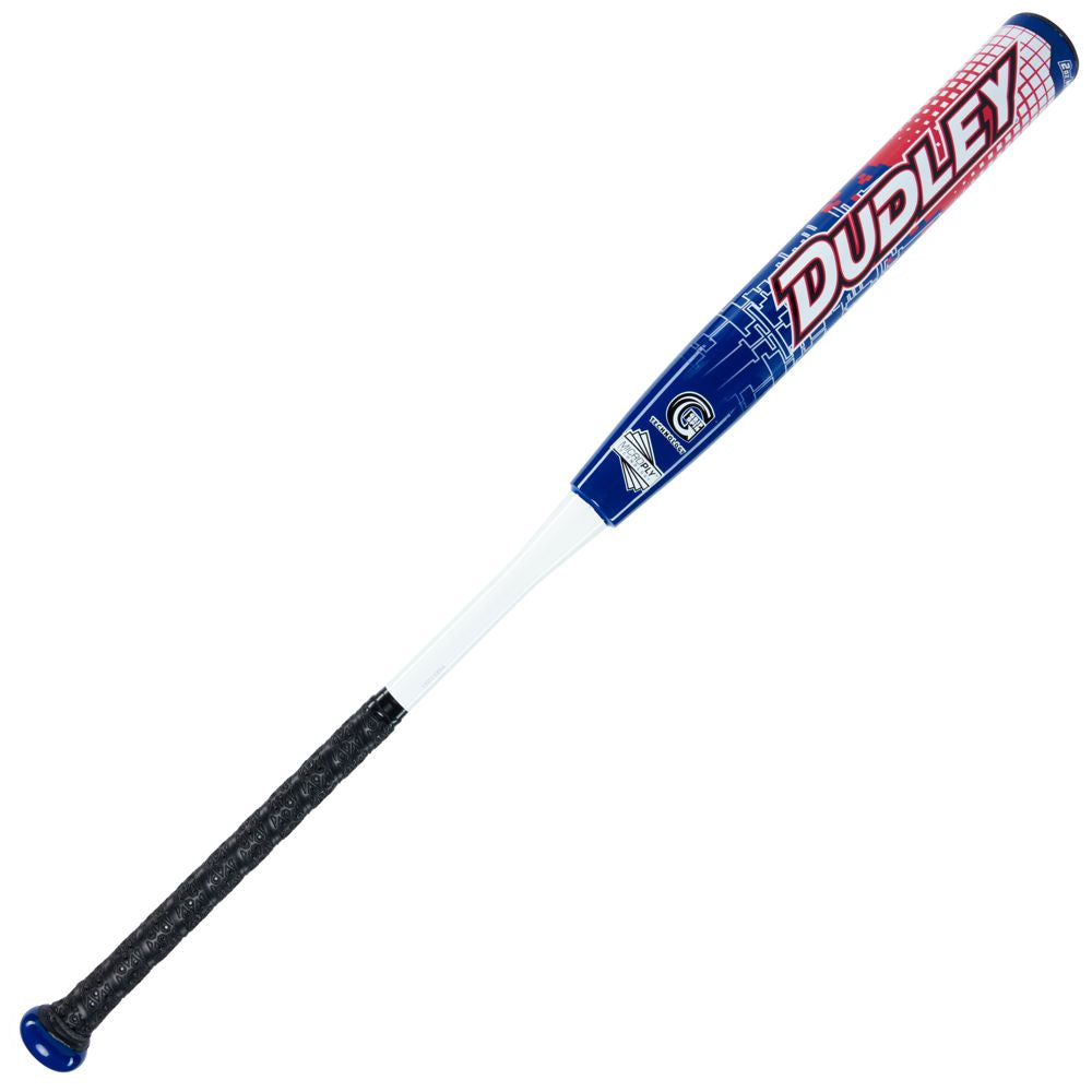 The 2023 Dudley Doom 12" Max Power Load SSUSA Senior Slowpitch Softball Bat (DDSR3M2) features bold DUDLEY branding, a black grip, and a blue, red, and white design—ideal for SSUSA slowpitch players seeking power and style.