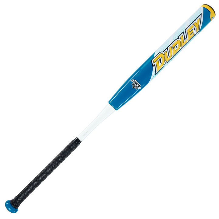 A blue, white, and yellow 2023 Dudley Doom 12" Balanced NSA USSSA Slowpitch Softball Bat (D3SPUB2) with a black grip handle featuring Grip Spin Technology, shown against a white background.