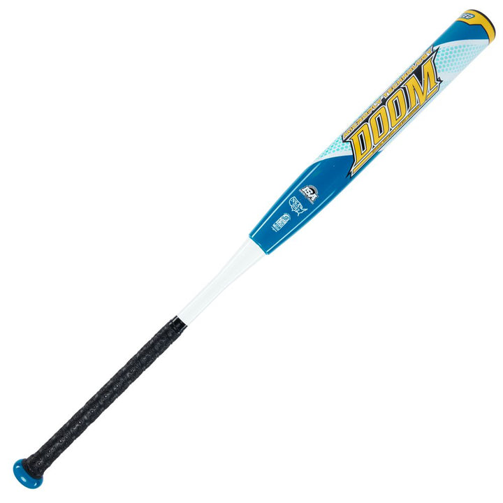 The 2023 Dudley Doom 12" Balanced NSA USSSA Slowpitch Softball Bat (D3SPUB2) features blue, white, and yellow colors, DOOM branding on the barrel, Grip Spin Technology, a black grip handleâideal for USSSA competitions.